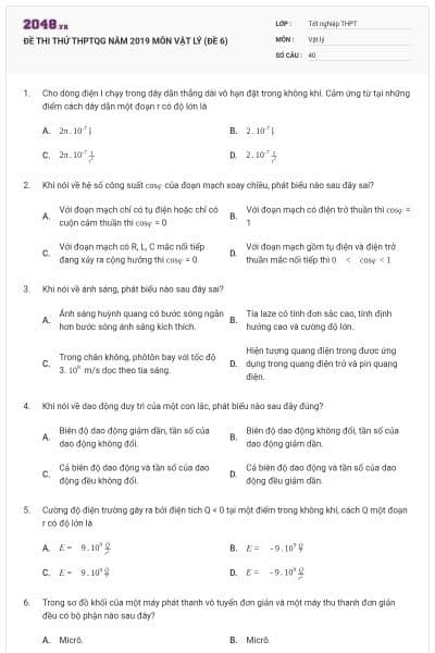 ĐỀ THI THỬ THPTQG NĂM 2019 MÔN VẬT LÝ (ĐỀ 6)