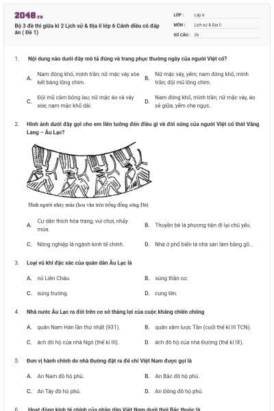 Bộ 3 đề thi giữa kì 2 Lịch sử & Địa lí lớp 6 Cánh diều có đáp án ( Đề 1)
