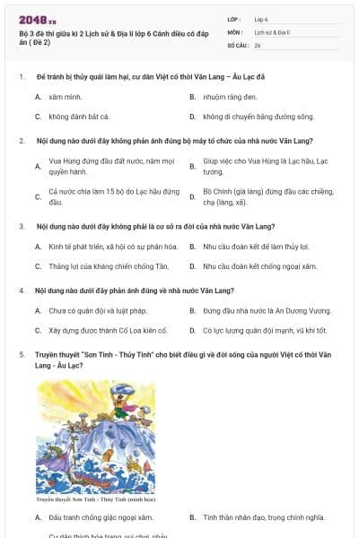 Bộ 3 đề thi giữa kì 2 Lịch sử & Địa lí lớp 6 Cánh diều có đáp án ( Đề 2)