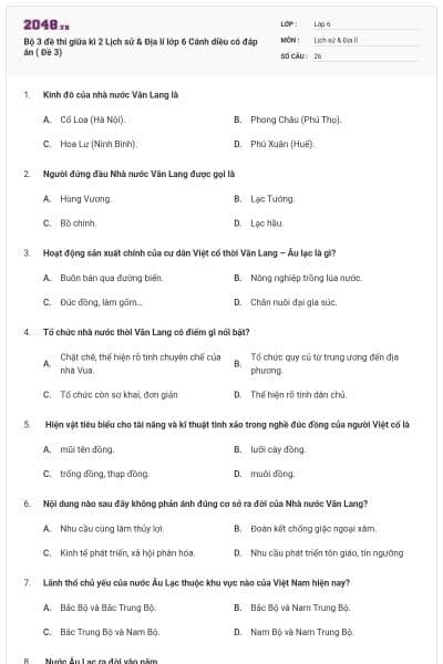 Bộ 3 đề thi giữa kì 2 Lịch sử & Địa lí lớp 6 Cánh diều có đáp án ( Đề 3)