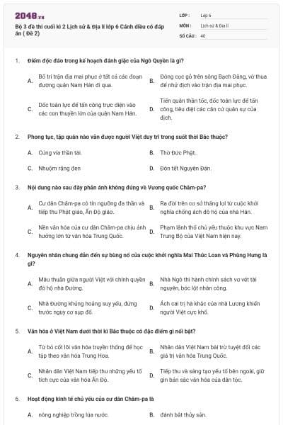 Bộ 3 đề thi cuối kì 2 Lịch sử & Địa lí lớp 6 Cánh diều có đáp án ( Đề 2)