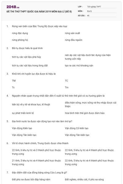ĐỀ THI THỬ THPT QUỐC GIA NĂM 2019 MÔN ĐỊA LÍ (ĐỀ 8)
