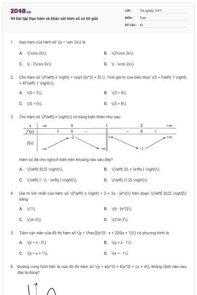 44 bài tập Đạo hàm và khảo sát hàm số có lời giải