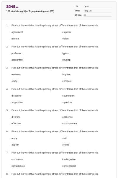 100 câu trắc nghiệm Trọng âm nâng cao (P5)