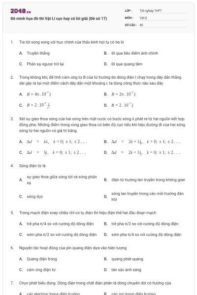 Đề minh họa đề thi Vật Lí cực hay có lời giải (Đề số 17)
