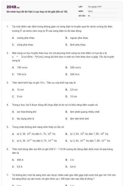 Đề minh họa đề thi Vật Lí cực hay có lời giải (Đề số 18)