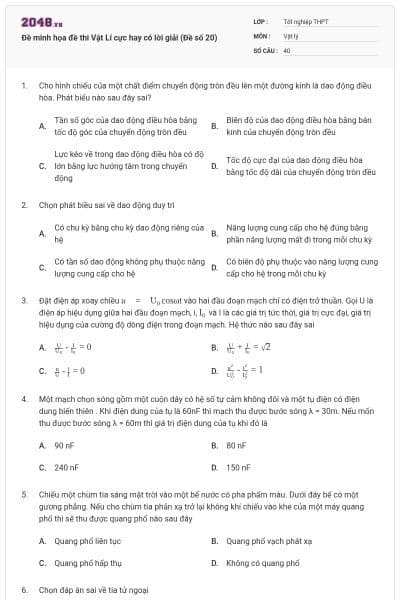 Đề minh họa đề thi Vật Lí cực hay có lời giải (Đề số 20)