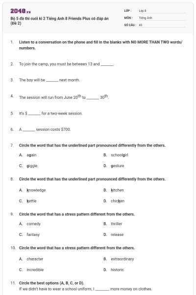 Bộ 5 đề thi cuối kì 2 Tiếng Anh 8 Friends Plus có đáp án (Đề 2)