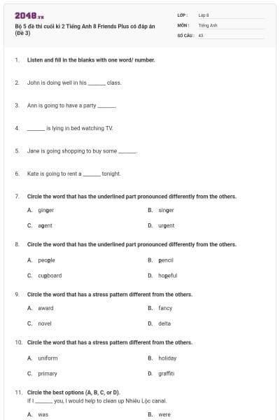 Bộ 5 đề thi cuối kì 2 Tiếng Anh 8 Friends Plus có đáp án (Đề 3)