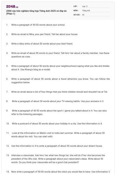 2000 câu trắc nghiệm tổng hợp Tiếng Anh 2025 có đáp án (Phần 1)