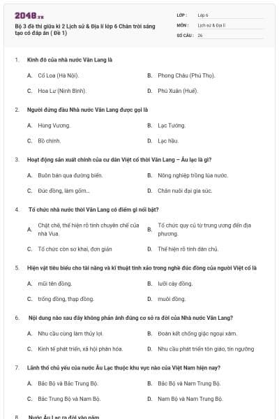 Bộ 3 đề thi giữa kì 2 Lịch sử & Địa lí lớp 6 Chân trời sáng tạo có đáp án ( Đề 1)