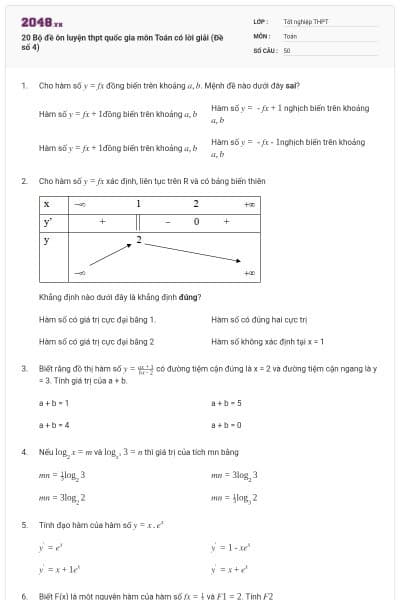 20 Bộ đề ôn luyện thpt quốc gia môn Toán có lời giải (Đề số 4)