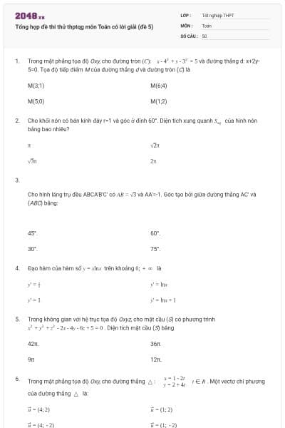Tổng hợp đề thi thử thptqg môn Toán có lời giải (đề 5)