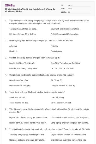 30 câu trắc nghiệm Vấn đề khai thác thế mạnh ở Trung du và miền núi Bắc Bộ