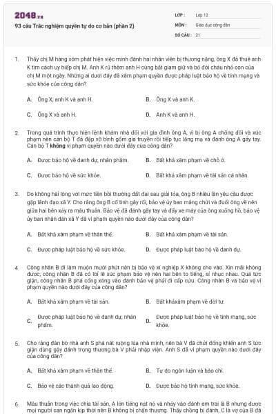 93 câu Trắc nghiệm quyền tự do cơ bản (phần 2)