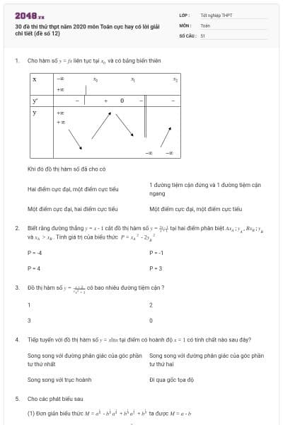 30 đề thi thử thpt năm 2020 môn Toán cực hay có lời giải chi tiết (đề số 12)