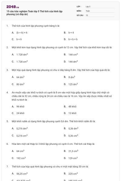 15 câu trắc nghiệm Toán lớp 5 Thể tích của hình lập phương (có đáp án)