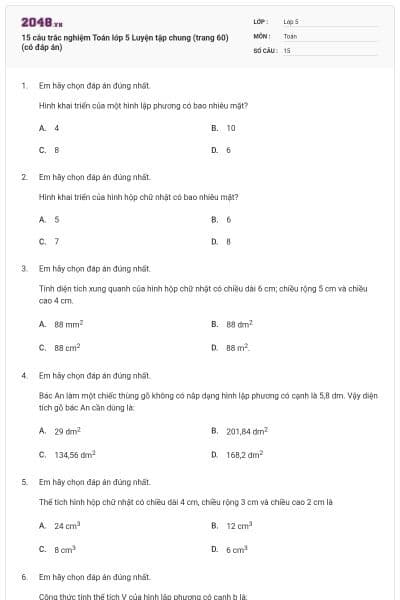 15 câu trắc nghiệm Toán lớp 5 Luyện tập chung (trang 60) (có đáp án)