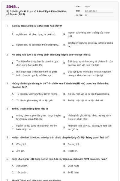 Bộ 3 đề thi giữa kì 1 Lịch sử & Địa lí lớp 6 Kết nối tri thức có đáp án ( Đề 3)