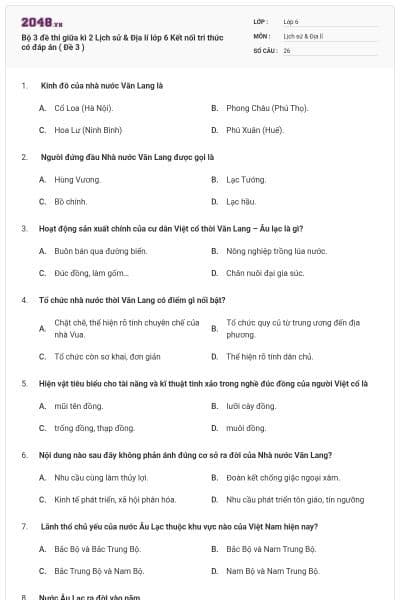 Bộ 3 đề thi giữa kì 2 Lịch sử & Địa lí lớp 6 Kết nối tri thức có đáp án ( Đề 3 )