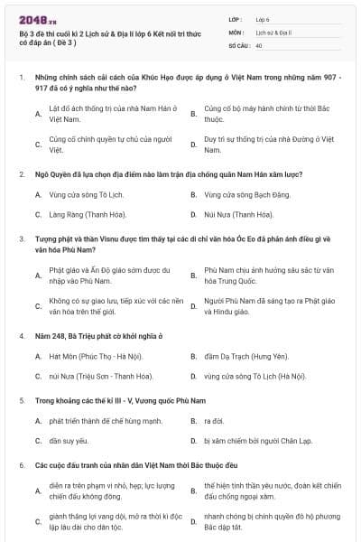 Bộ 3 đề thi cuối kì 2 Lịch sử & Địa lí lớp 6 Kết nối tri thức có đáp án ( Đề 3 )