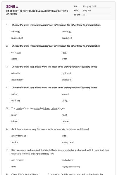 24 ĐỀ THI THỬ THPT QUỐC GIA NĂM 2019 Môn thi: TIẾNG ANH(P21)
