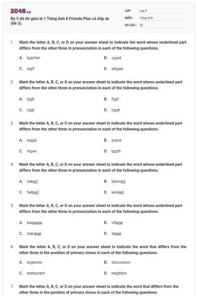 Bộ 5 đề thi giữa kì 1 Tiếng Anh 8 Friends Plus có đáp án (Đề 3)