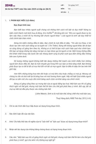 Đề thi thử THPT môn Văn năm 2025 có đáp án (Đề 9)