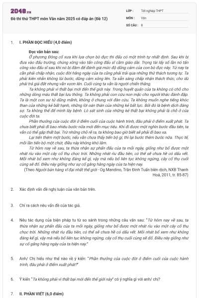 Đề thi thử THPT môn Văn năm 2025 có đáp án (Đề 12)