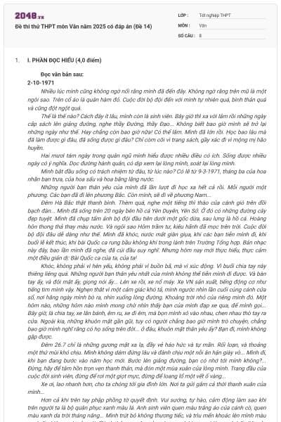 Đề thi thử THPT môn Văn năm 2025 có đáp án (Đề 14)
