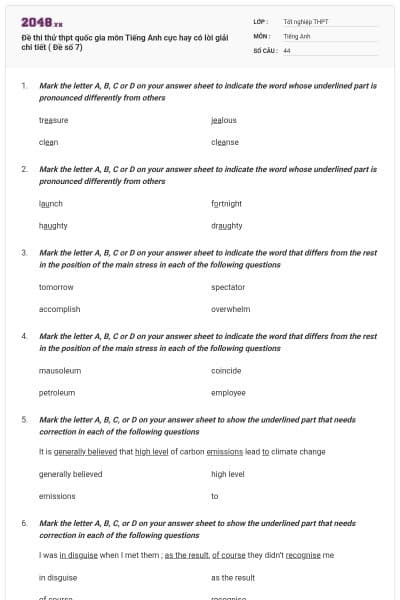 Đề thi thử thpt quốc gia môn Tiếng Anh cực hay có lời giải chi tiết ( Đề số 7)