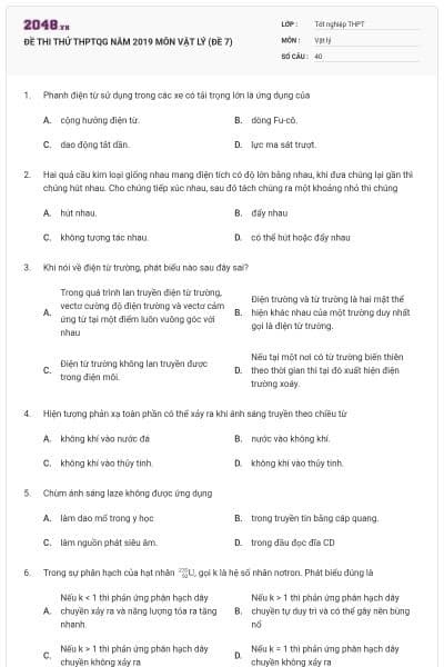 ĐỀ THI THỬ THPTQG NĂM 2019 MÔN VẬT LÝ (ĐỀ 7)