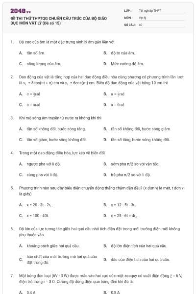 ĐỀ THI THỬ THPTQG CHUẨN CẤU TRÚC CỦA BỘ GIÁO DỤC MÔN VẬT LÝ (Đề số 15)