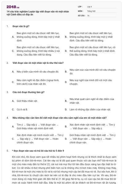 14 câu trắc nghiệm Luyện tập viết đoạn văn về một nhân vật Cánh diều có đáp án