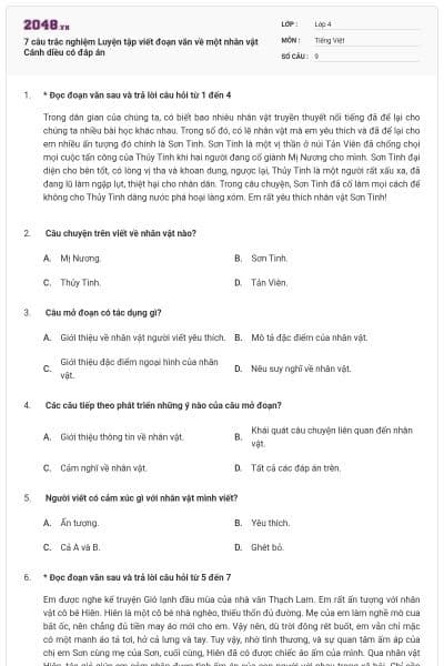 7 câu trắc nghiệm Luyện tập viết đoạn văn về một nhân vật Cánh diều có đáp án