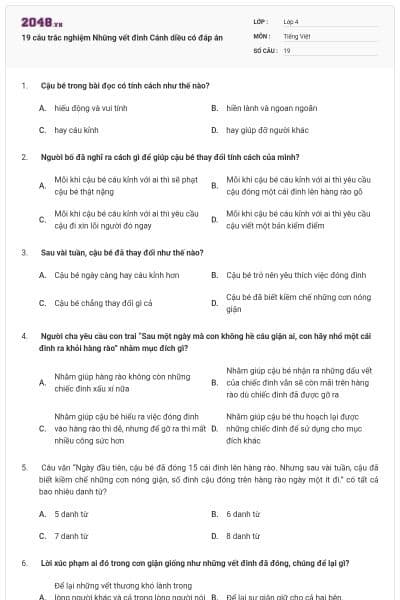 19 câu trắc nghiệm Những vết đinh Cánh diều có đáp án