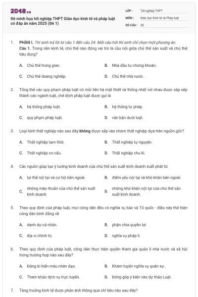Đề minh họa tốt nghiệp THPT Giáo dục kinh tế và pháp luật có đáp án năm 2025 (Đề 1)