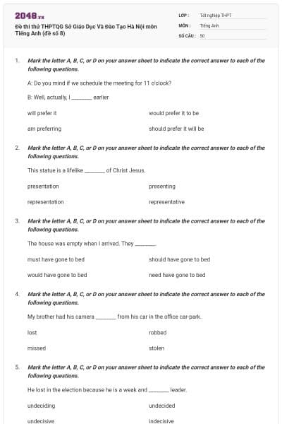 Đề thi thử THPTQG Sở Giáo Dục Và Đào Tạo Hà Nội môn Tiếng Anh (đề số 8)