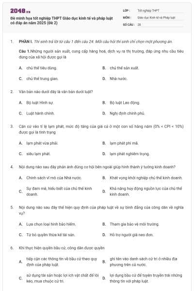 Đề minh họa tốt nghiệp THPT Giáo dục kinh tế và pháp luật có đáp án năm 2025 (Đề 2)