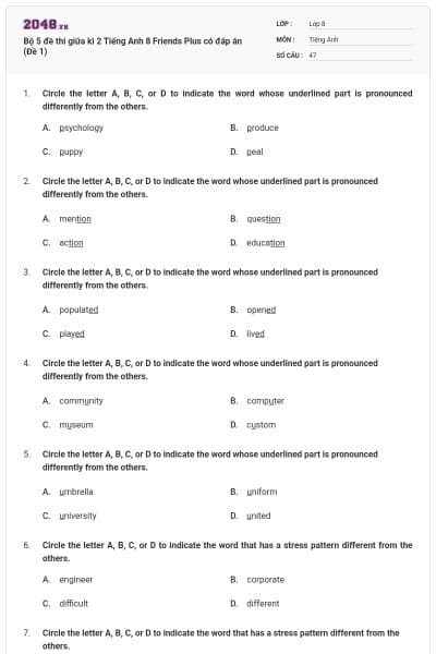 Bộ 5 đề thi giữa kì 2 Tiếng Anh 8 Friends Plus có đáp án (Đề 1)