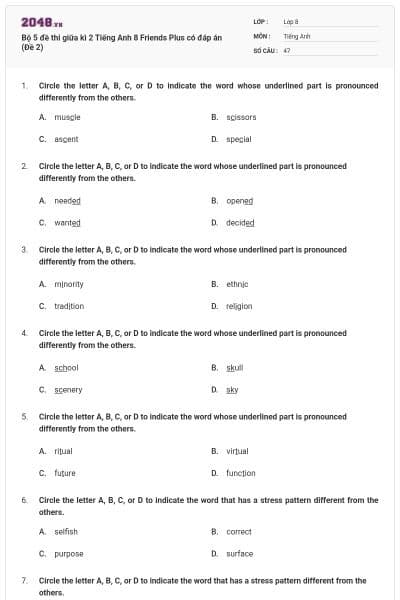 Bộ 5 đề thi giữa kì 2 Tiếng Anh 8 Friends Plus có đáp án (Đề 2)