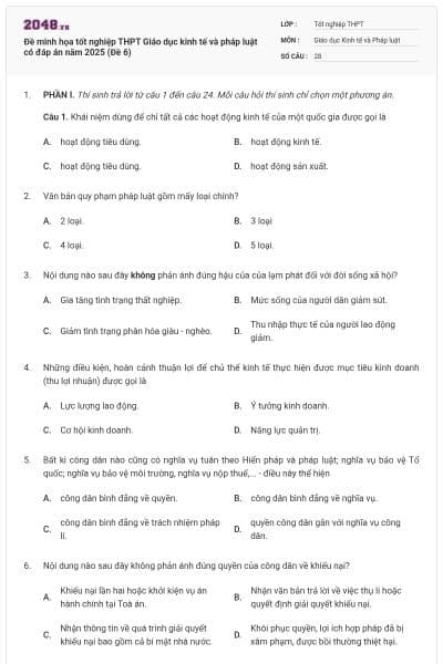 Đề minh họa tốt nghiệp THPT Giáo dục kinh tế và pháp luật có đáp án năm 2025 (Đề 6)