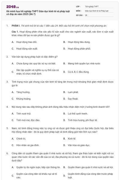 Đề minh họa tốt nghiệp THPT Giáo dục kinh tế và pháp luật có đáp án năm 2025 (Đề 7)