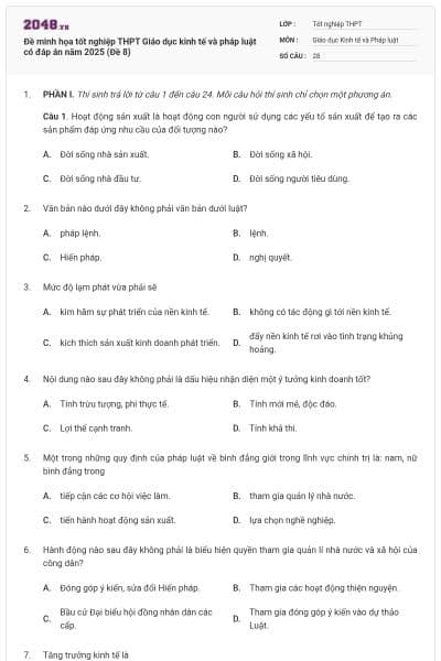 Đề minh họa tốt nghiệp THPT Giáo dục kinh tế và pháp luật có đáp án năm 2025 (Đề 8)