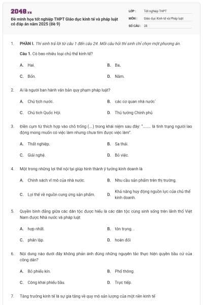 Đề minh họa tốt nghiệp THPT Giáo dục kinh tế và pháp luật có đáp án năm 2025 (Đề 9)