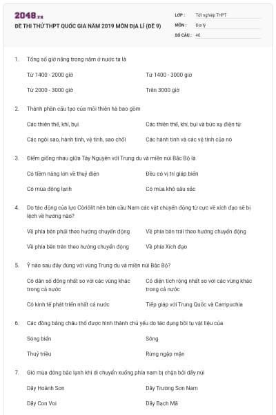 ĐỀ THI THỬ THPT QUỐC GIA NĂM 2019 MÔN ĐỊA LÍ (ĐỀ 9)