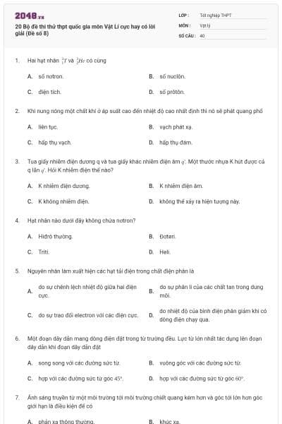 20 Bộ đề thi thử thpt quốc gia môn Vật Lí cực hay có lời giải (Đề số 8)