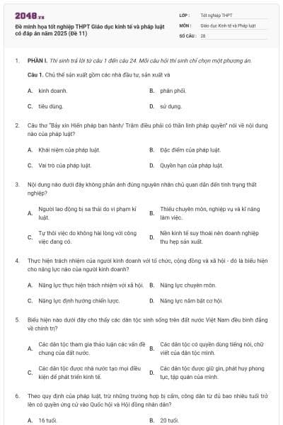 Đề minh họa tốt nghiệp THPT Giáo dục kinh tế và pháp luật có đáp án năm 2025 (Đề 11)
