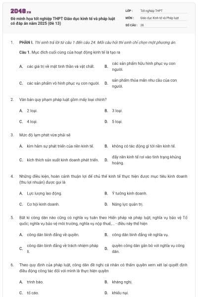 Đề minh họa tốt nghiệp THPT Giáo dục kinh tế và pháp luật có đáp án năm 2025 (Đề 13)