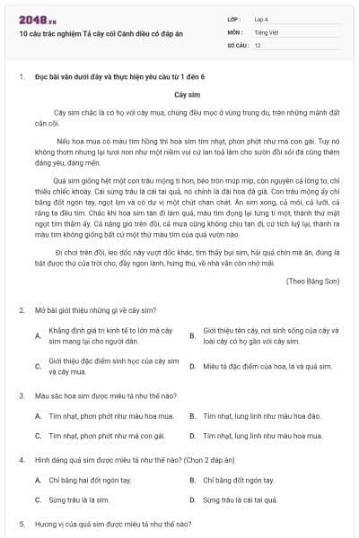 10 câu trắc nghiệm Tả cây cối Cánh diều có đáp án